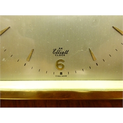  1960's teak cased Elliott mantel clock, silvered dial inscribed W.Greenwood & Sons Leeds, H14cm, with a History of Elliott clocks pamphlet  