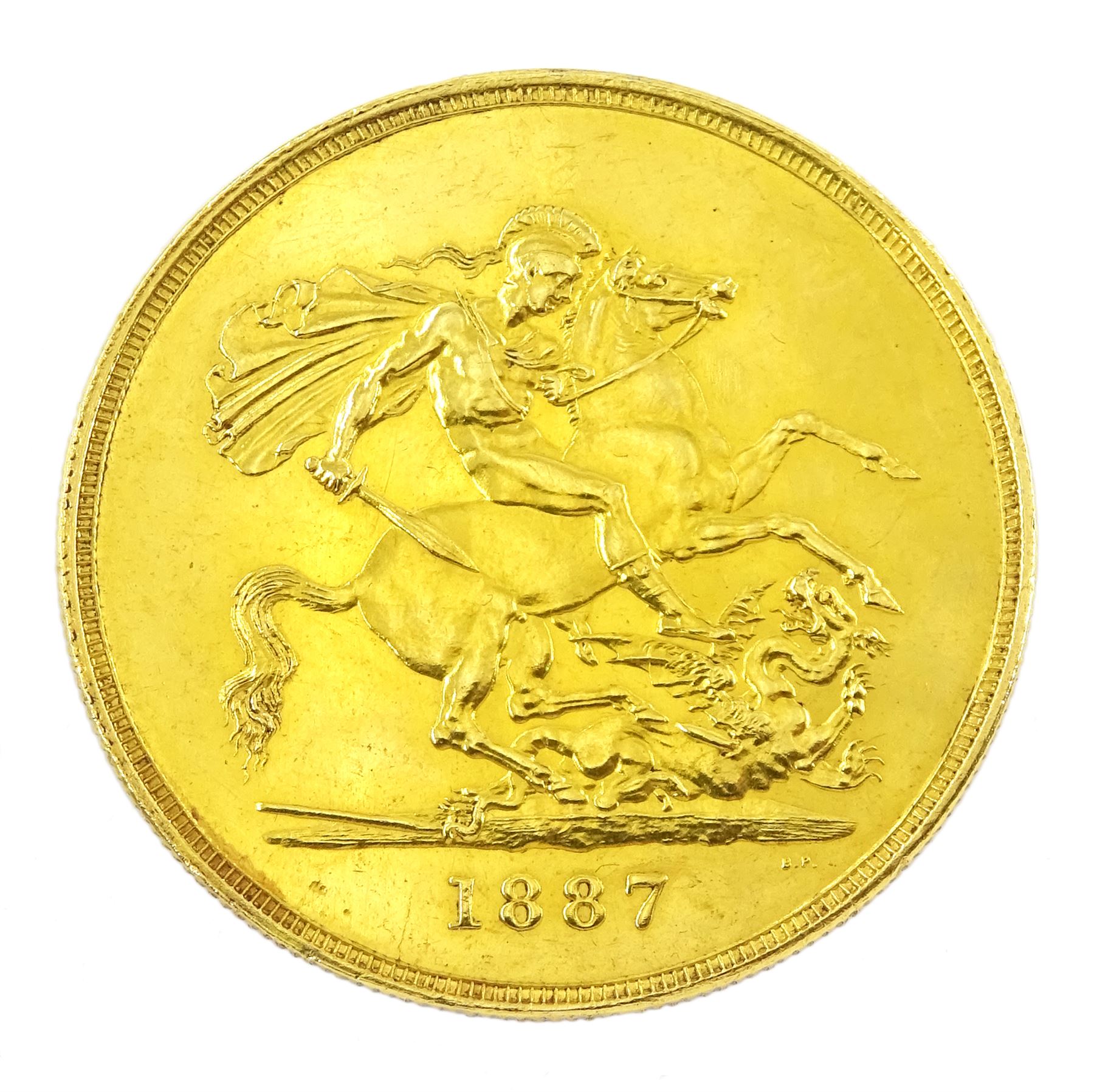 Queen Victoria 1887 specimen coin set, comprising gold half sovereign, sovereign, two pounds and five pounds, silver threepence, sixpence, shilling, florin, halfcrown, double florin and crown, housed in purple velvet case
