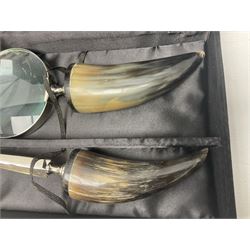 Horn handled magnifying glass and letter opener cased set, replica Scrimshaw in the form of a tusk titled The Ship Charles W Morgan New Bedford and pair of binoculars