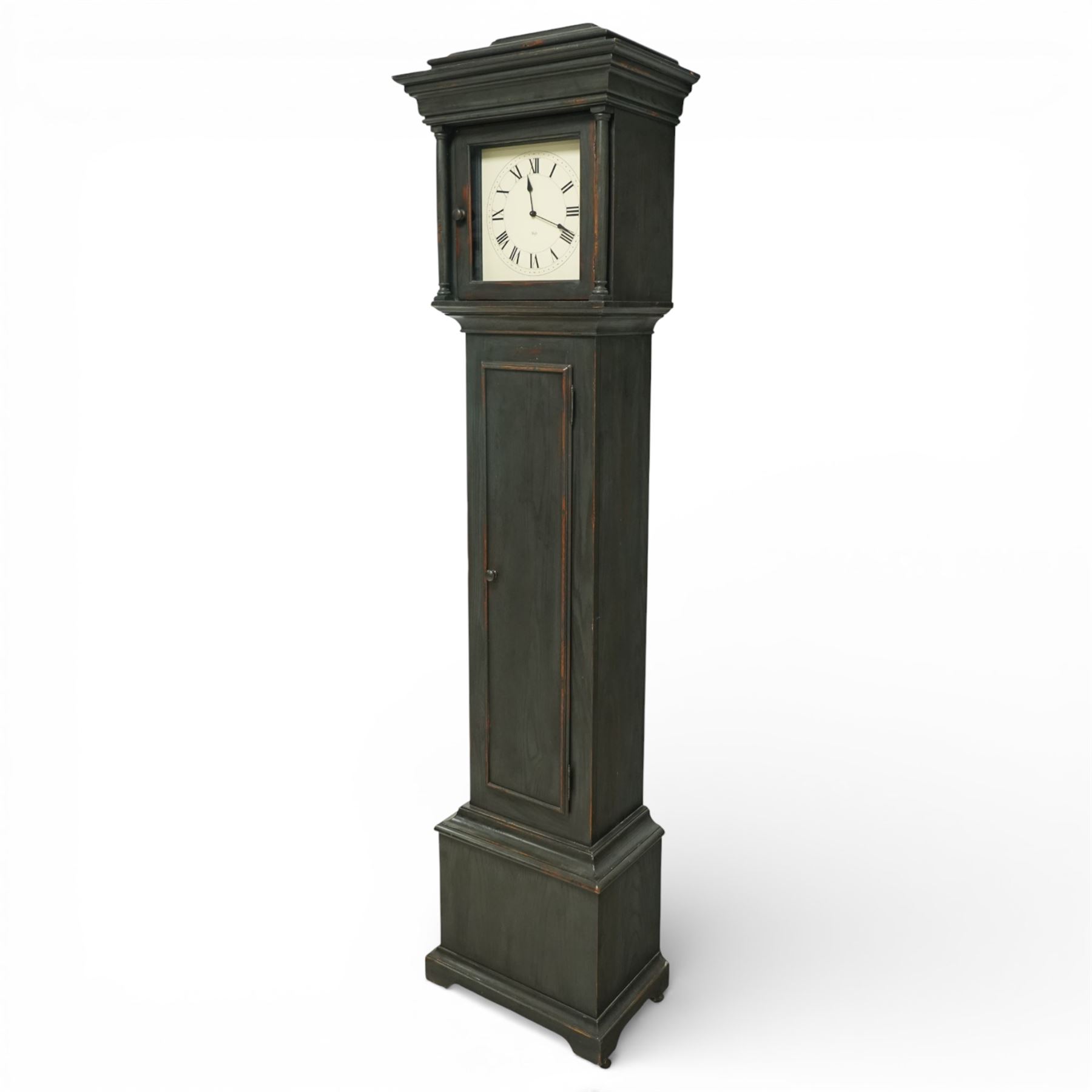 20th century Sligh longcase clock, the painted rectangular case with stepped and moulded hood enclosing a square painted dial with Roman numerals and spade hands, the trunk with single panelled door and moulded plinth base, the eight day weight driven movement with brass plates, chain driven train, anchor escapement and outside countwheel striking mechanism, issuing on a series of tuned rods with pendulum and brass cased weights