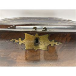 Victorian mahogany writing slope, the brass bound hinged cover opening to reveal tooled leather and gilt interior with two glass inkwells, together with a similar parquetry inlaid writing slope, with central mother of pearl inlay enrgraved 'Sarah', tallest H17cm 