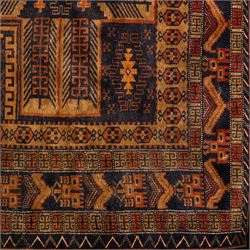 Baluch tribal style rug, dark indigo field with rows of linked gul and angular medallions in madder, camel, and ivory tones, within multiple geometric borders, including the main border of stylised animals