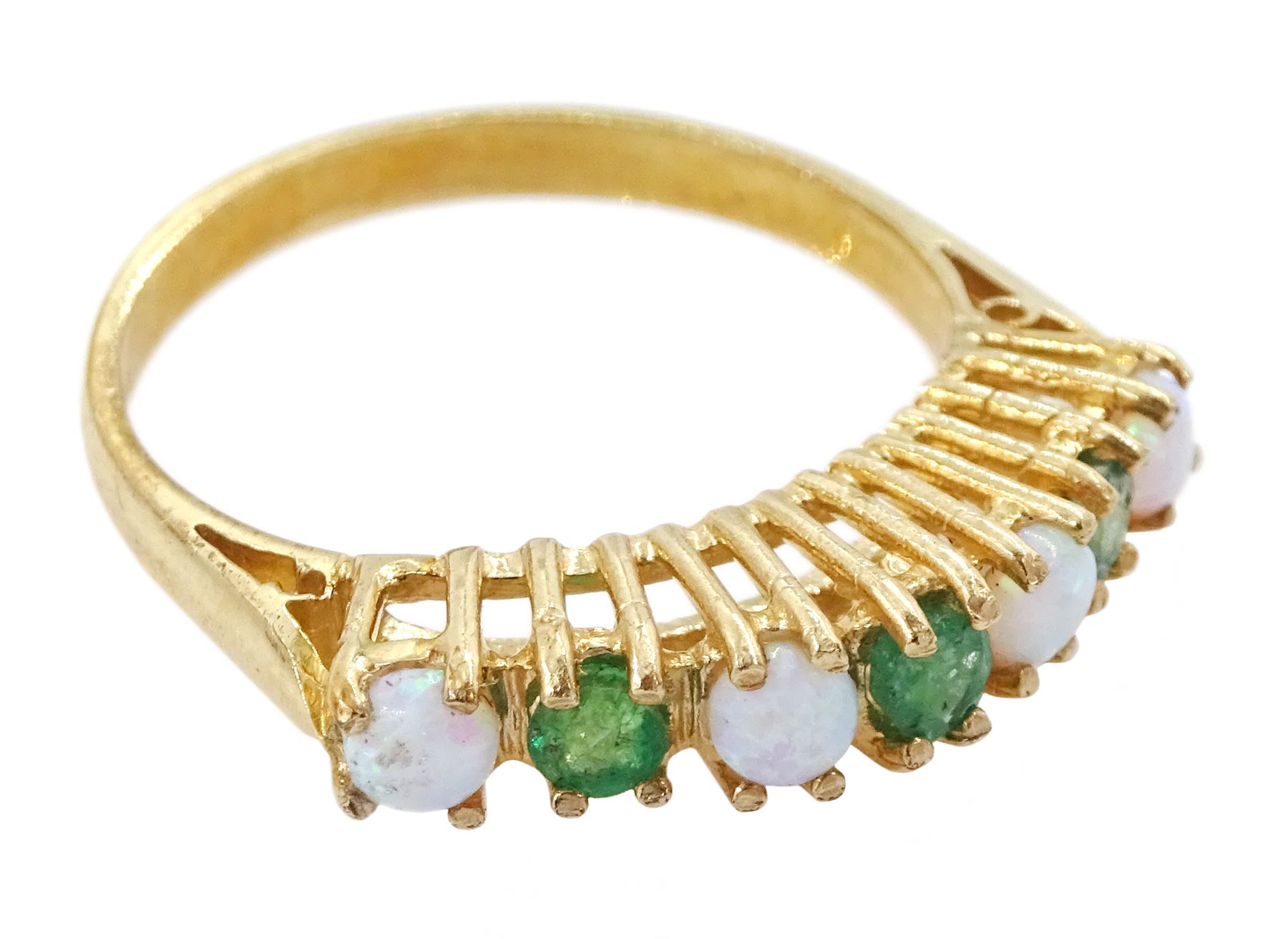 9ct gold seven stone emerald and opal ring, hallmarked