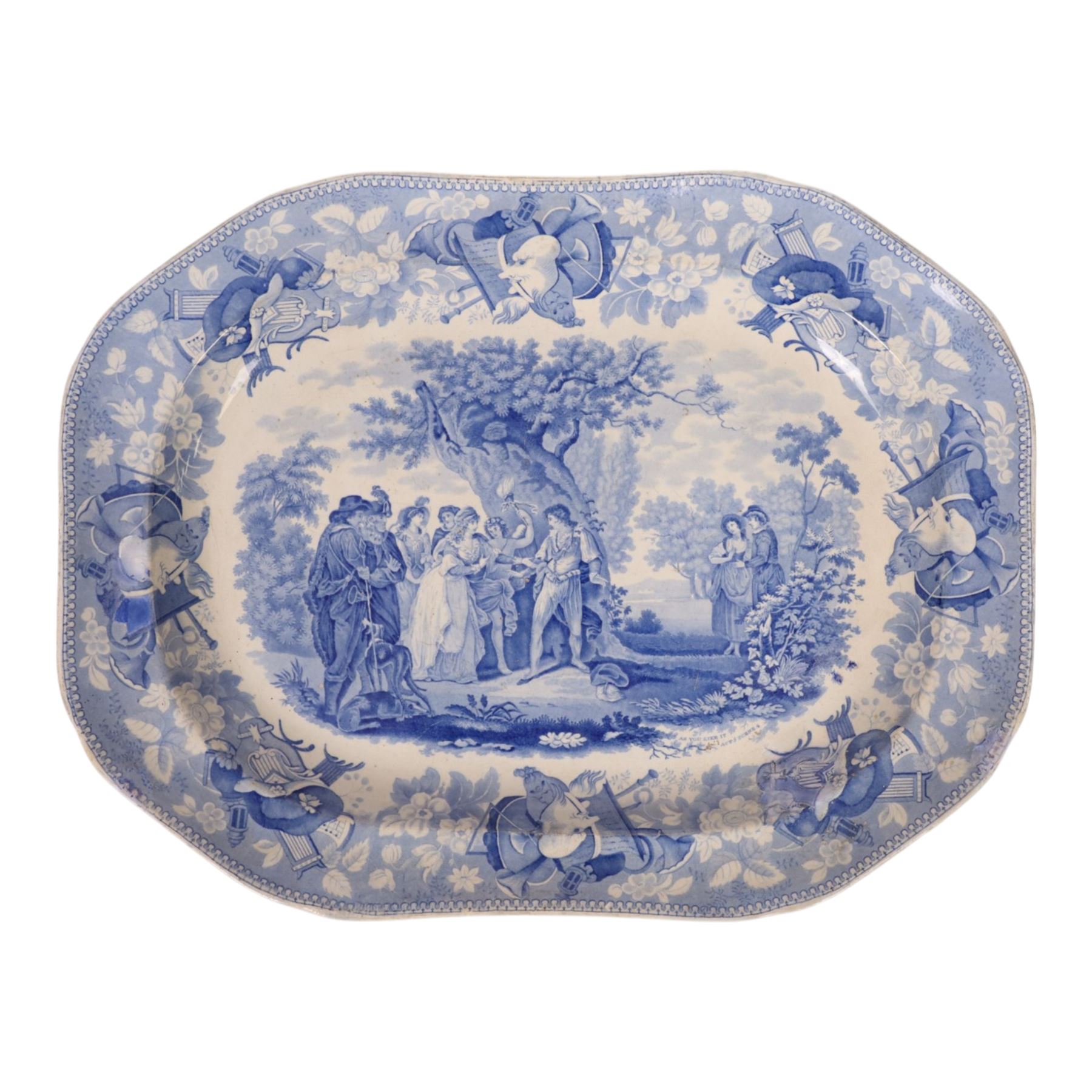 Two 19th century blue and white transfer printed pottery meat plates, the first by John Rogers & Sons decorated in The Drama Series patter, L54cm, the second by Bathwell & Goodfellow decorated in the Rural Scenery Traveller pattern, L43.5cm