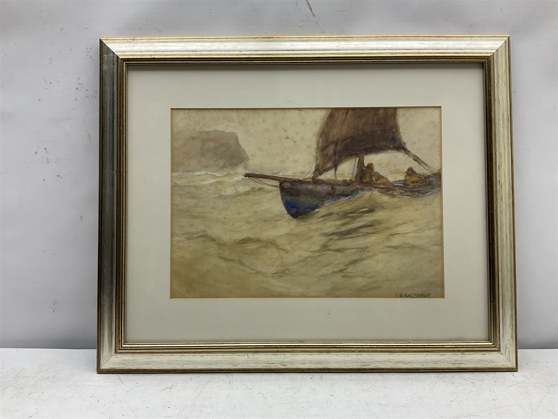 Joseph Richard Bagshawe (Staithes Group 1870-1909): Fishing Coble off Staithes, watercolour over pencil signed 25cm x 36cm 
Provenance: acquired direct from the trustees of the Bagshawe Estate when the final part of the artist's studio collection was dispersed in Whitby in the 1990s, never previously been on the open market 
