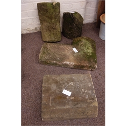  19th century sandstone corner coping stone, two straight sandstone coping pieces and a stone block with moulded front edge  