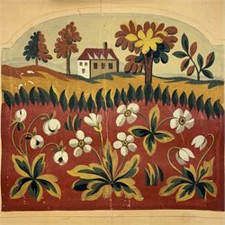 Two French 19th century Aubusson tapestry templates or Cartoons, decorated with scenes of châteaux and flowers in watercolour and bodycolour, largest 47cm x 52cm (2) Provenance: purchased Robert Four gallery, Paris, 2012. 
Notes: Templates such as these demonstrate the original vibrancy of tapestries that would have faded over time. After being pinned and used as a reference by the weavers, they would be stored. Very few remain. 