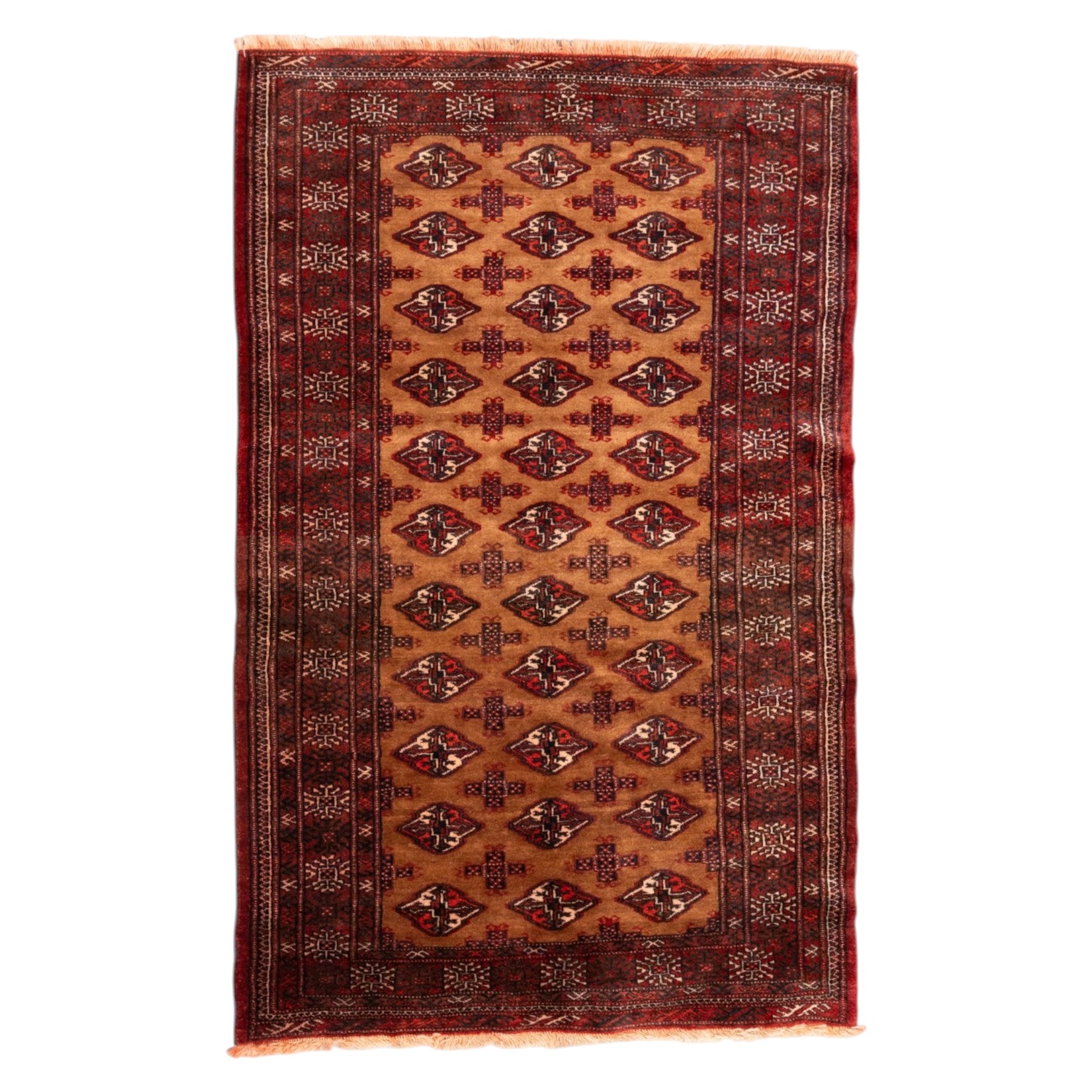 Afghan Bokhara dark amber and terracotta ground rug, decorated with Hac and Gul motifs  within multiple geometric guard bands
