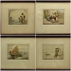 Robert Herdman-Smith (British 1879-1945): 'The Cha Kau Players' 'The Cult Shrine' 'The Batwing Sail' and 'The Jetty', set four hand-coloured etching signed and titled 18cm x 23cm (4)