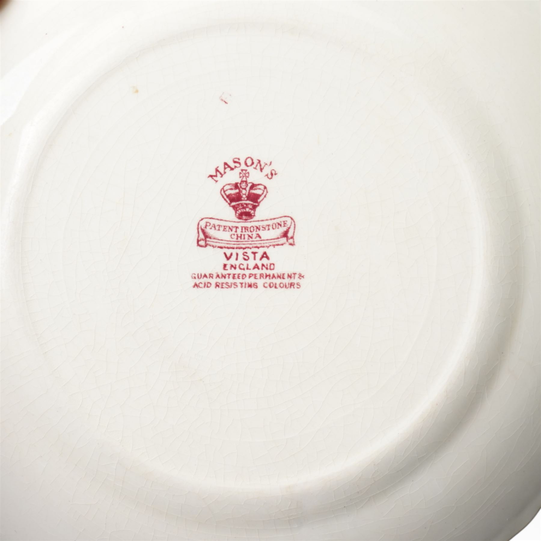 Large quantity of Masons Ironstone 'Vista' pattern tablewares, comprising three teapots, three serving dishes, three jugs, twenty two plates of various sizes, etc, together with a small collection of Spode 'Pink Tower' pattern wares