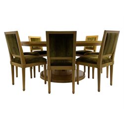 Contemporary beech and maple dining table, circular top on tapered cylindrical pedestal inlaid with rectangular panels, on circular base; together with set eight beech high back chairs upholstered in striped fabric, on turned supports 