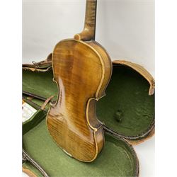 German trade violin c1900 with 36cm two-piece maple back and ribs and spruce top, bears label 'Copy of Antonius Stradivarius Made in Germany', overall L59cm; in simulated reptile skin case and outer canvas carrying case