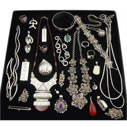 Collection of silver and stone set silver jewellery including Aztec design agate necklace, pendants, necklaces, bangles and and rings 