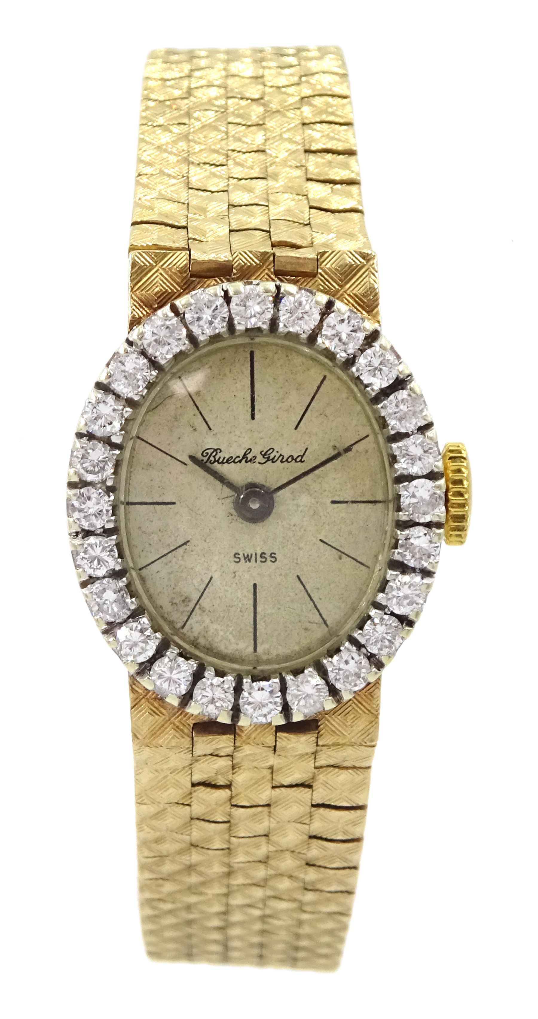 Bueche Girod 9ct gold ladies manual wind bracelet wristwatch, with diamond set bezel, London 1968
