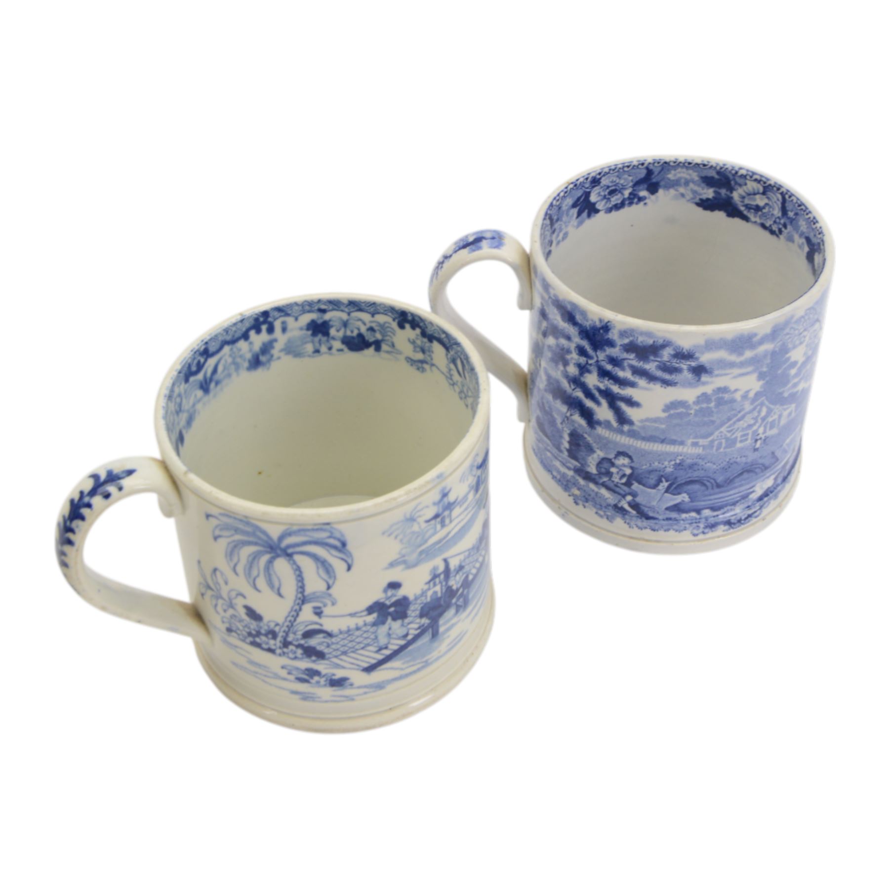 Two large 19th century blue and white transfer decorated pearlware mugs, the first example depicting a Chinese landscape with pagoda, and figures at rest and play, the second a pastoral landscape with shepherd and goats by waters edge, each approximately H12.5cm