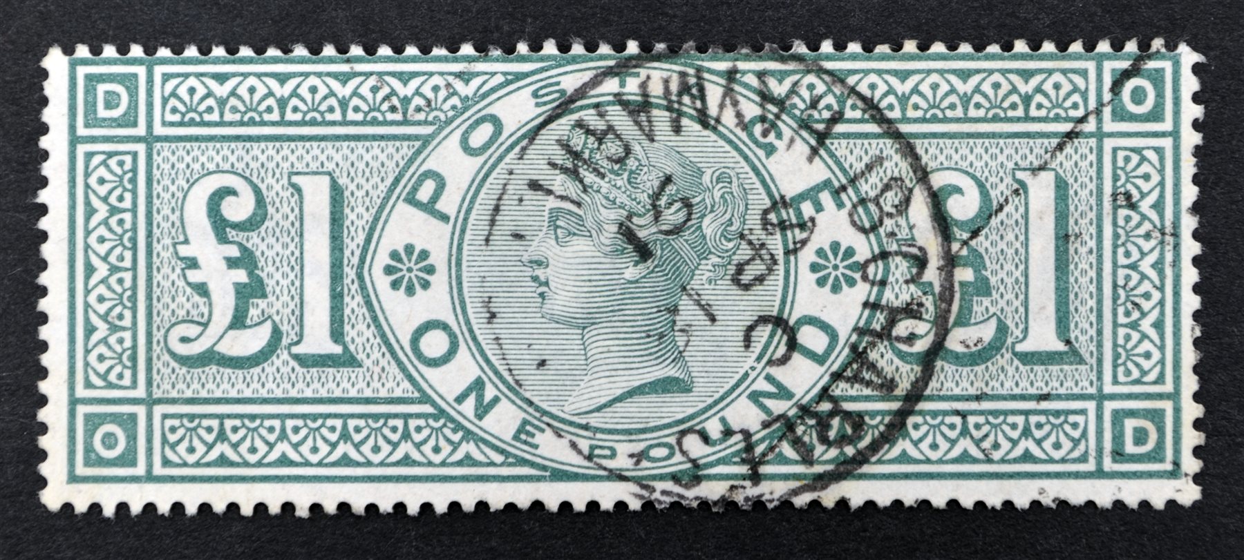 Queen Victoria one pound green stamp, single postmark Stamps