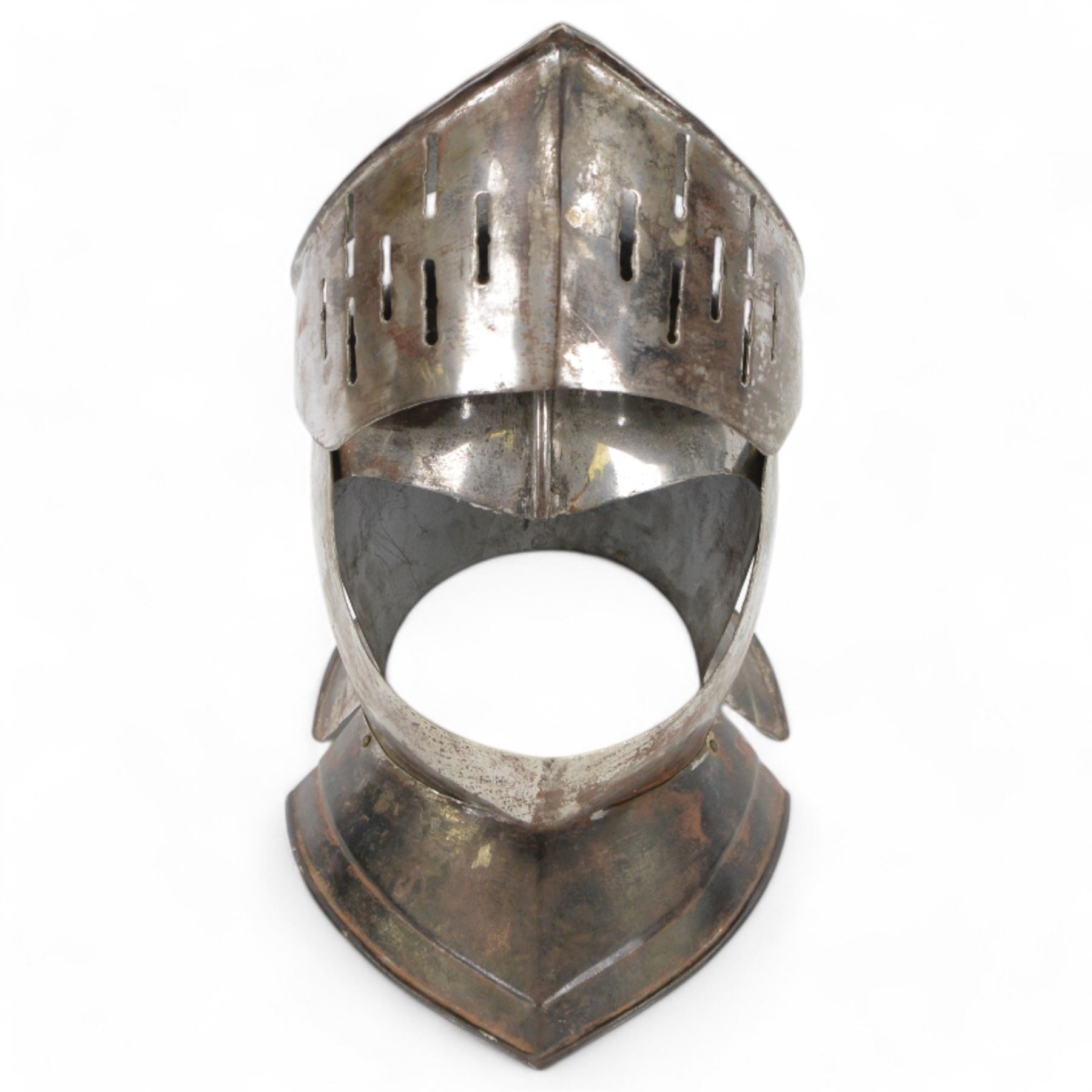 Reproduction 17th century European close helmet, the visor with elongated sights, two-piece skull with a high medial roped comb
