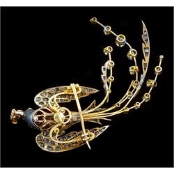 Victorian diamond swallow aigrette brooch, the gold backed silver swallow in flight set with old cut and rose cut diamonds, with cabochon ruby eyes, holding a pear cut diamond of approx 0.25 carat, to an old cut diamond spray tail of approx 1.95 carat, total diamond weight approx 4.00 carat