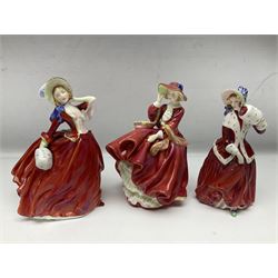 Ten Royal Doulton figures, to include Lydia HN1908, Goody Two Shoes HN2037, May HN2746, A Single red Rose HN3376, etc, nine with original boxes 