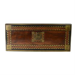 19th century rosewood writing slope, of rectangular form, the hinged cover and front with inlaid foliate engraved brass corner panels, and inlaid marquetry and brass diamond borders, the cover with foliate engraved and named central plaque, opening to reveal a fitted and compartmented interior with gilt tooled black leather slope, H21cm W50cm D28.5cm