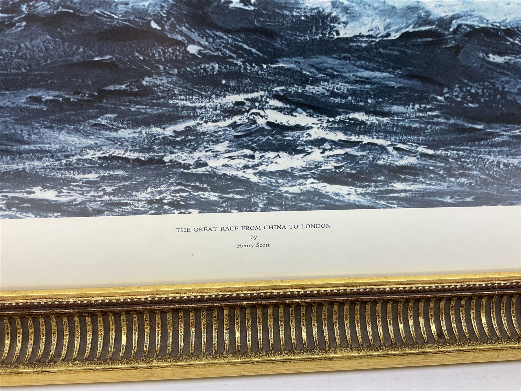 After Henry Scott: 'The Great Race from China to London' colour print together with large print diagram of a trawler, two other marine prints and a print of a WWII Halifax unit max 68cm x 108cm (5)