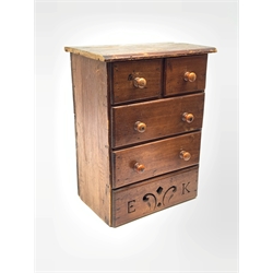 A Victorian pine miniature straight front chest of two short and two long drawers, the platform base pierced with the initials EK and etched 87, manuscript inscription verso 'Emily King Her Drawers July 26th 1887', H35cm.