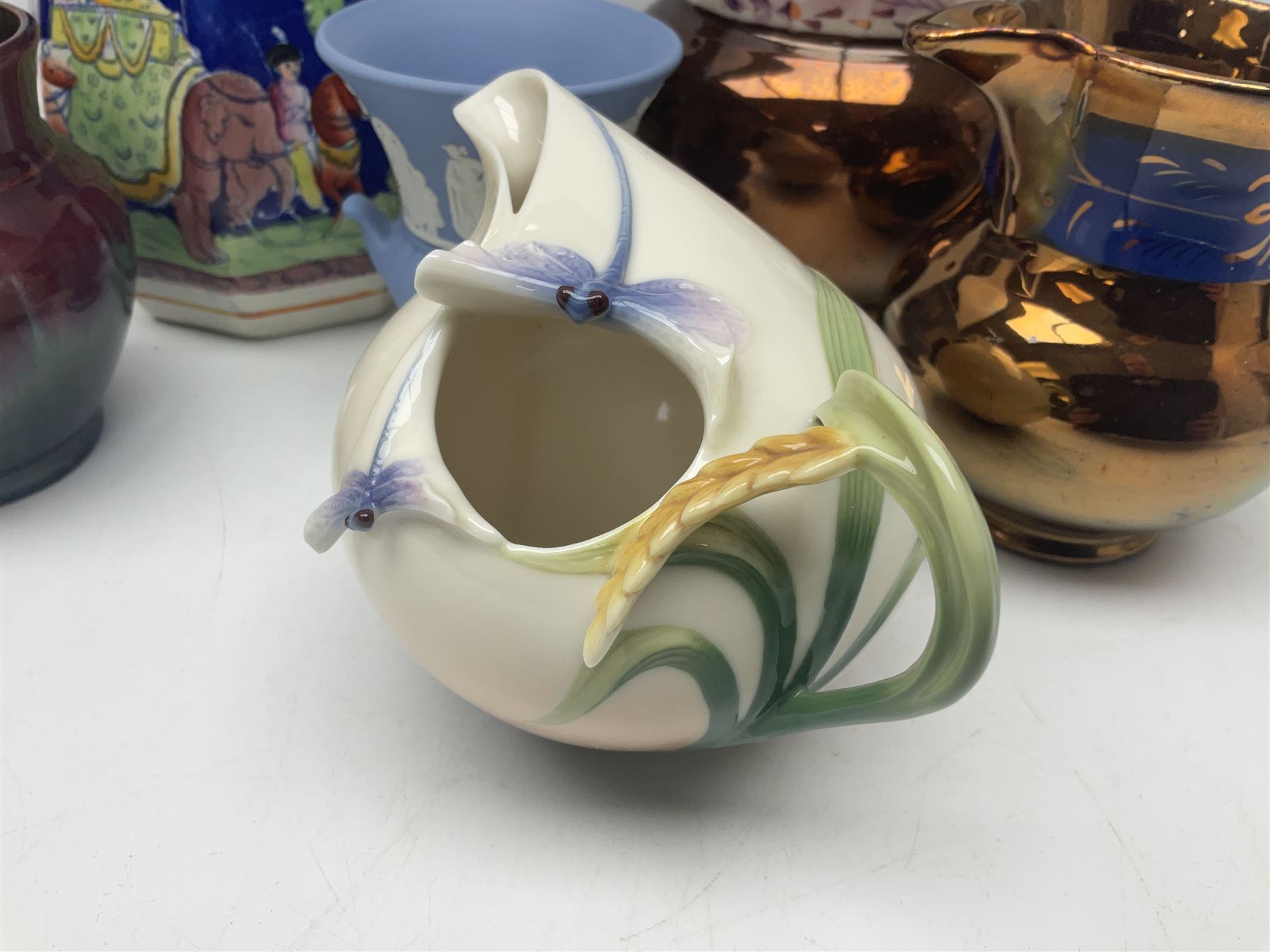 Franz jug, together with three lustre jugs, Wedgwood Jasperware vase and two others 