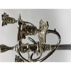 Large silver plated four branch candelabra, the Corinthian column stem supporting four curved acanthus detailed branches with conforming Corinthian sockets, beaded nozzles and drip pans, beneath a central conforming socket with flame finial snuffer, H70cm