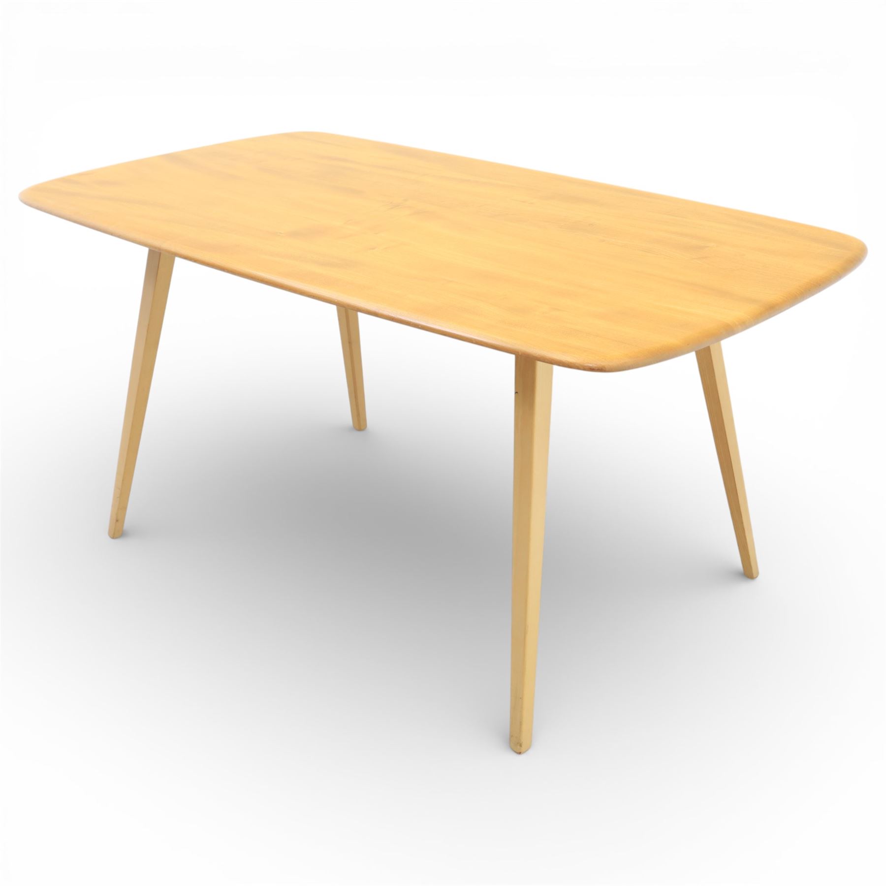 Ercol - elm dining table, rectangular plank top with rounded corners and moulded edge, raised on four tapering beech supports
