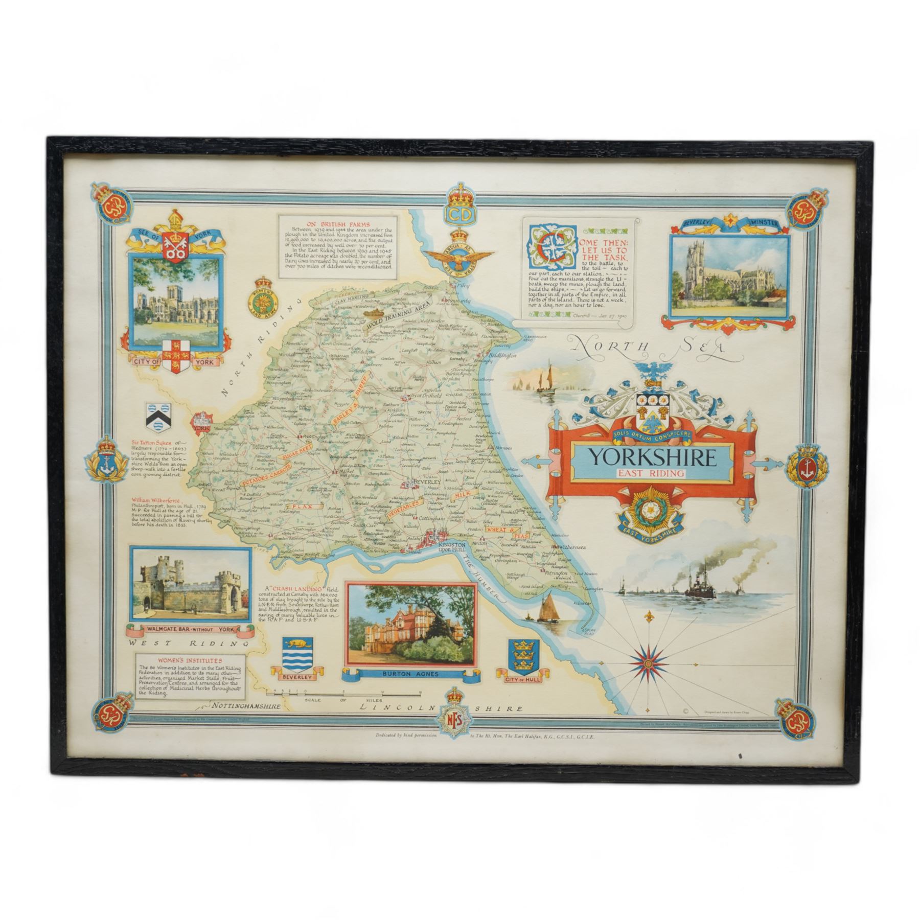 After Ernest Clegg (British 1876-1954): 'Yorkshire East Riding', colour pictorial map pub. 1946 (first dated edition) pub. John Waddington Ltd Leeds 1946, 43cm x 56cm