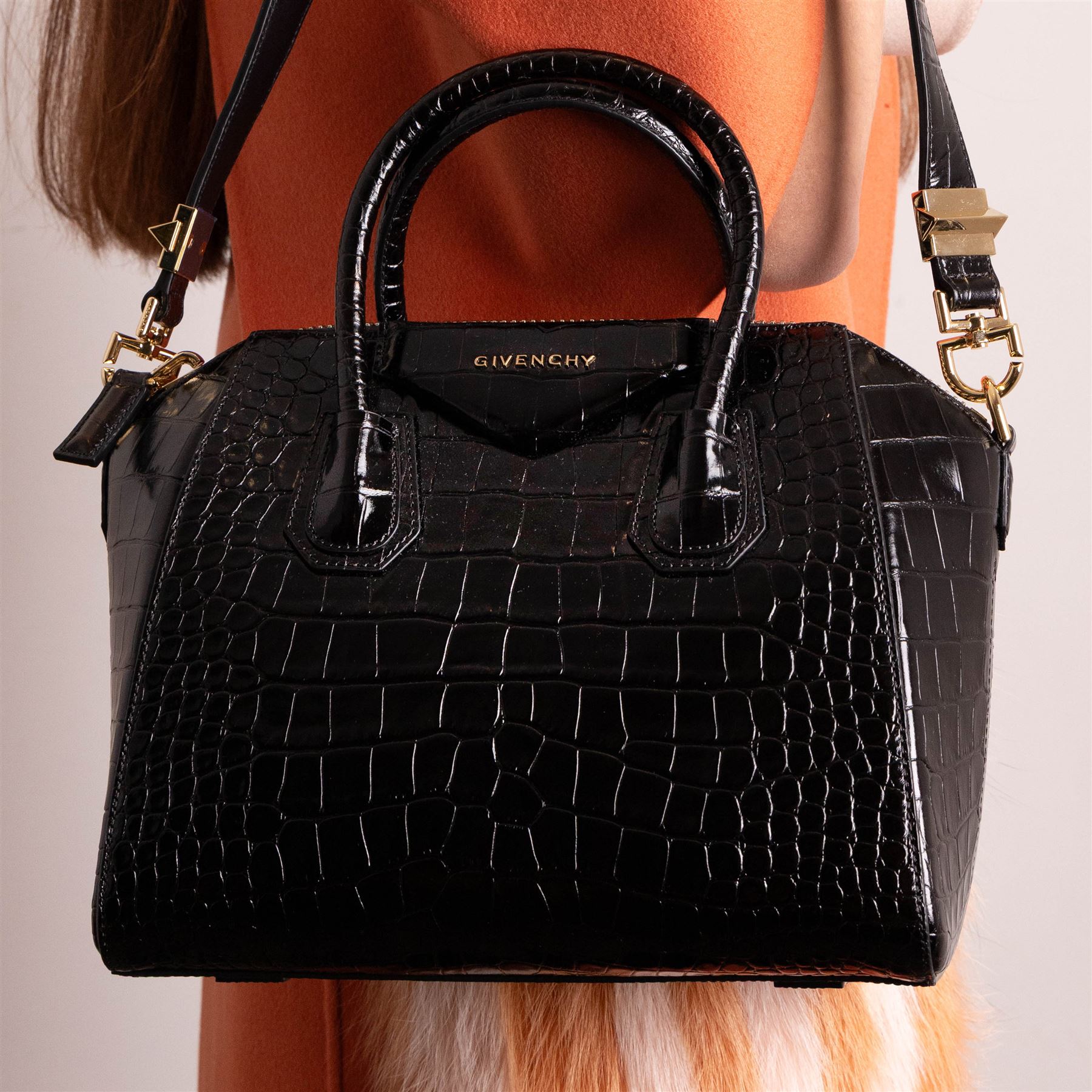 Givenchy - ‘Antigona’ Small Bag, introduced circa 2011 under Riccardo Tisci, in black crocodile-embossed calf leather, with twin top handles and detachable wide shoulder or crossbody strap, with gold tone hardware, unused with original dust bag