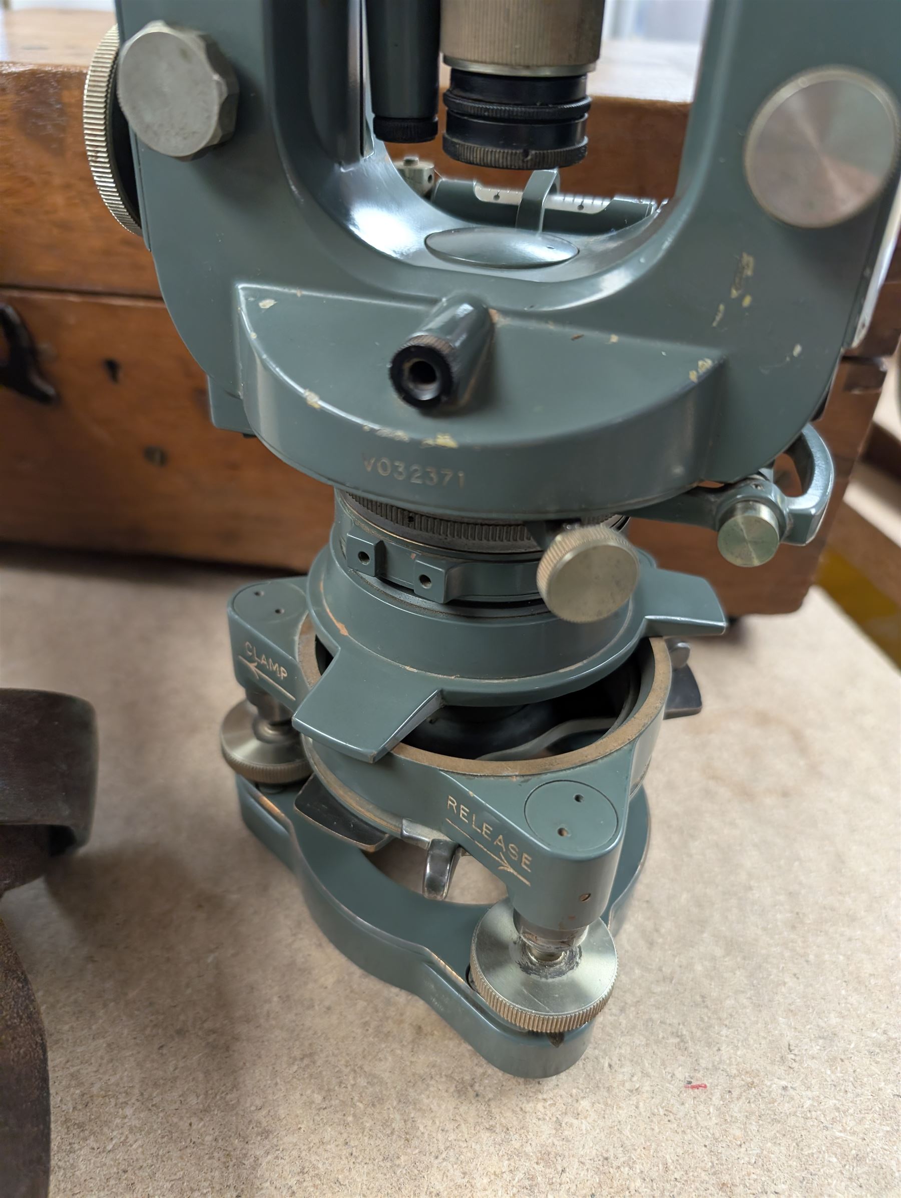 Two theodolites, comprising a Watts example in fitted hard case and a Cooke Troughton and Simms examplie in a wooden case, together with a Stanley dumpy level and a Hall and Watts surveyors measure