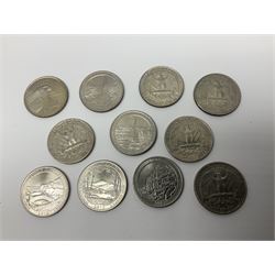United States of America coinage, including 1876S half dollar (holed), various quarter dollars, 1986 one ounce fine silver dollar, 1988 uncirculated coin set etc