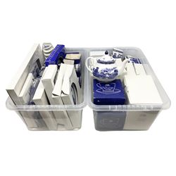 Large quantity of Ringtons blue and white Willow pattern ceramics, to include exclusive collectors examples, dinner plates, teapots, breakfast set, etc, predominantly boxed, four Capodimonte figures comprising example modelled as a girl reading with a puppy, boy giving a bone to a dog, boy reading on cushion and tramp boy sat cross legged with umbrella, together with three The Leonardo Collection figures comprising Midsummer Melody, Alfresco and Butterfly Catchers