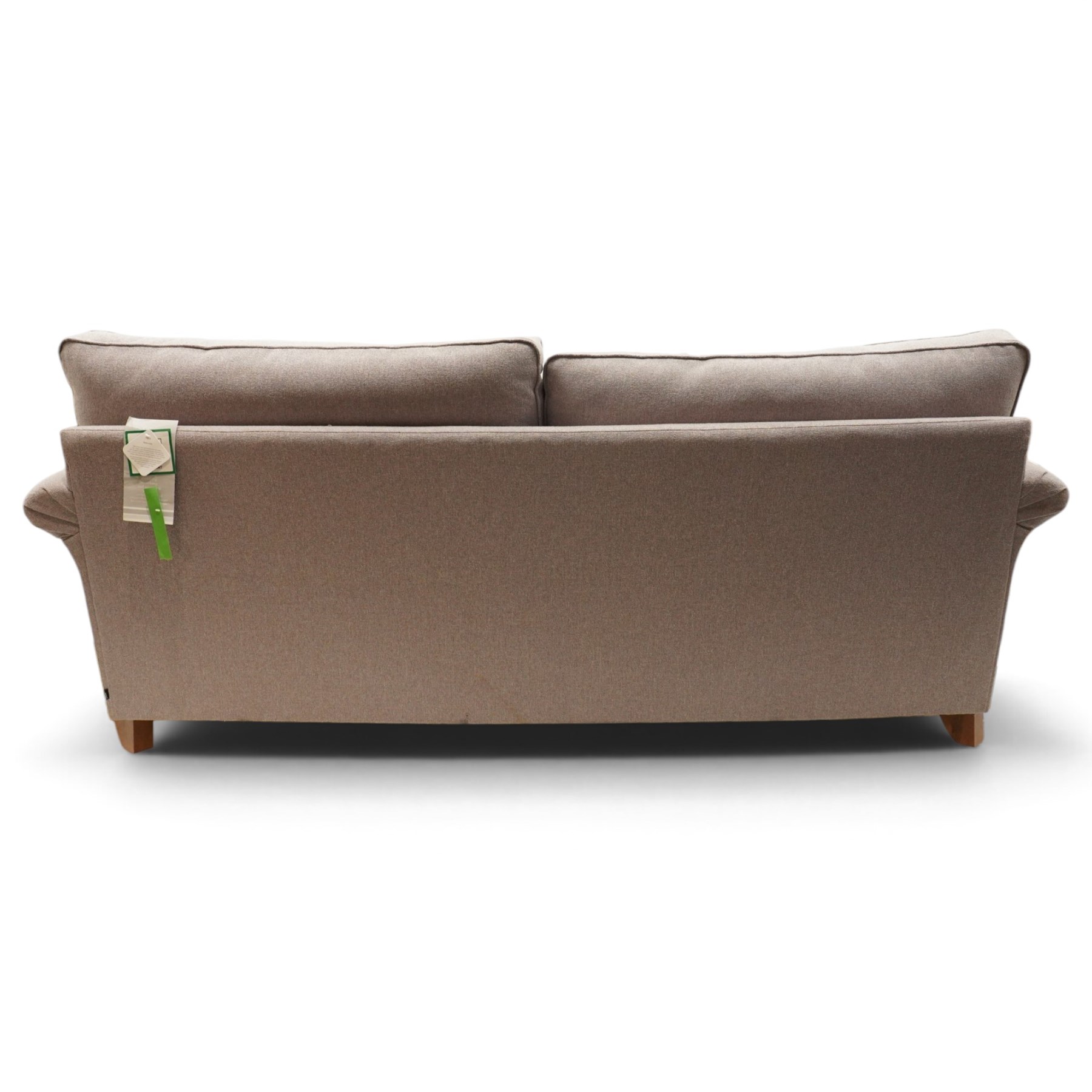 Next - contemporary four-seater sofa, upholstered in lilac fabric, square back with scrolled arms, fitted with two loose seat cushions and two loose back cushions, with arm cushions, raised on turned feet 