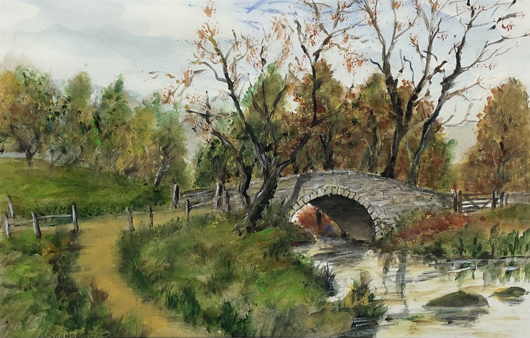 Albert Saunders (Northern British 20th century): 'Autumn at Coverdale Bridge in North Yorkshire Dales', watercolour signed, titled verso 28cm x 41cm