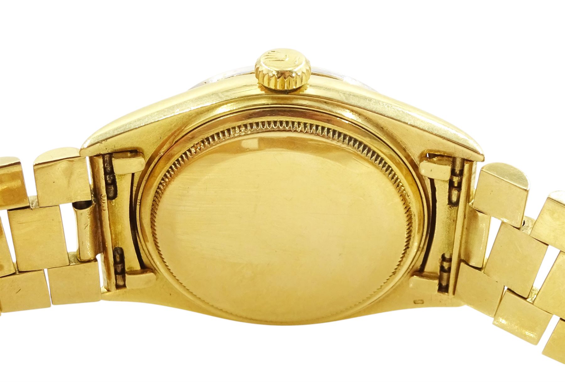 Rolex Oyster Perpetual Day-Date gentleman's 18ct gold automatic wristwatch, circa 1970, Ref. 1803, serial No. 2492514, champagne dial with after market diamond dot hour markers and diamond set bezel, on 18ct gold President bracelet, with fold-over clasp, boxed