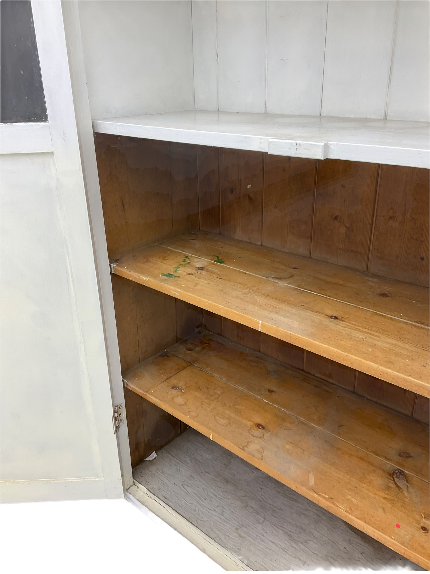 19th century painted pine kitchen cupboard, enclosed by two part glazed doors