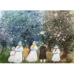 Gabrielle Bellocq (French 1920-1999): Figures Admiring Blossom, pastel signed 15cm x 21cm 
