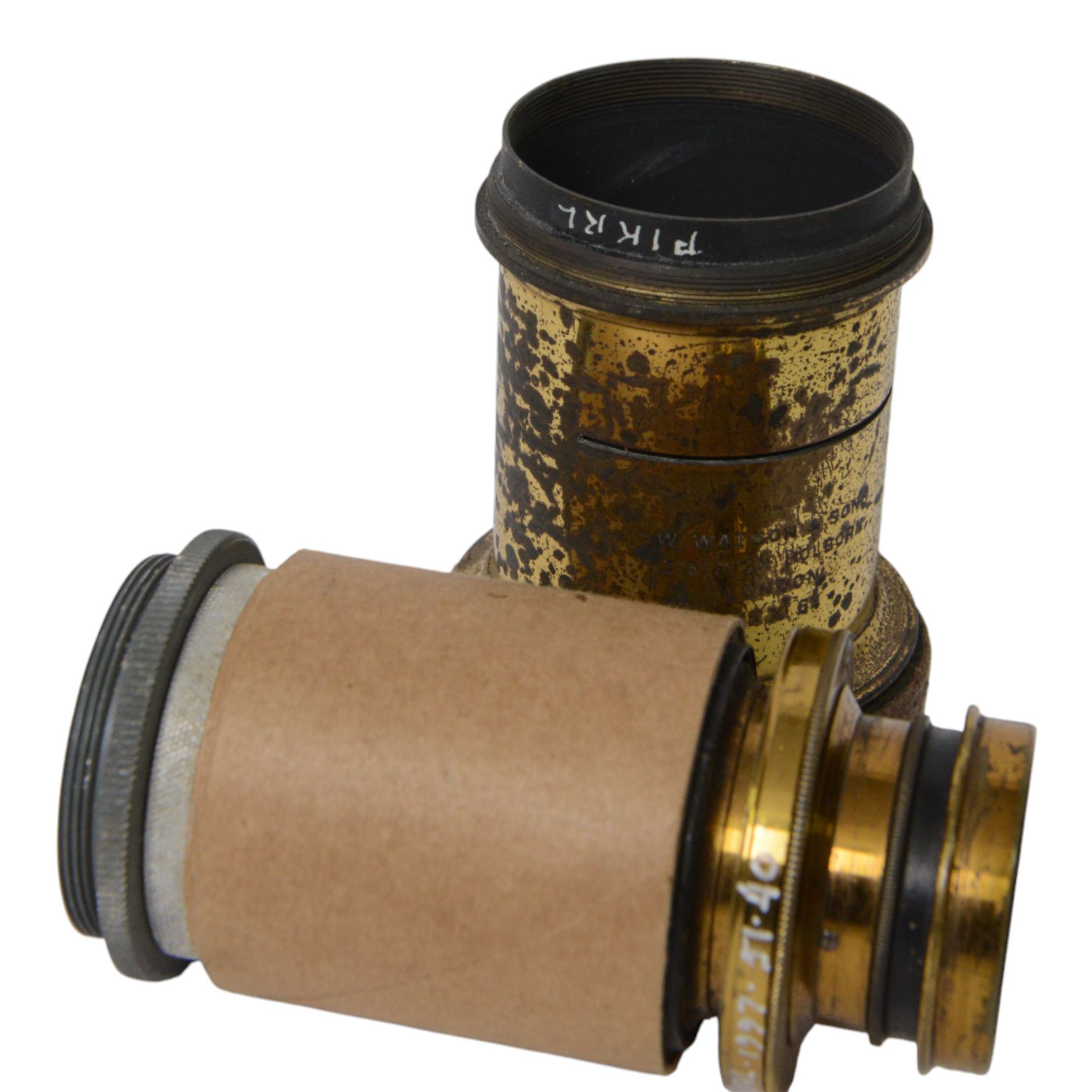 Seven 19th century and later brass camera lenses, including J. Lancaster & Son Rectigraph lens, Watson & Sons 8 1/2 x 6 1/2 lens, Dallmeyer lens and Wray London 5 x 4 lens