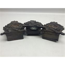 Two early 20th century cast-iron money banks - 'Our Kitchener Bank' c1914 H17cm and 'Our Empire Bank' c1911 depicting George V and Queen Mary H17cm; both by Sydenham & McCoustra; and another similar for The Prince & Princess of Wales 1981 by Robert Brown (3)