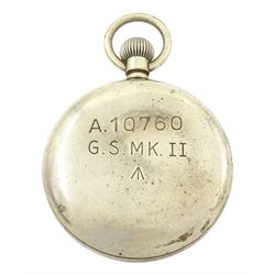 Rolex WWII military issue nickle plated, open face keyless lever pocket watch, Cal. 540, black dial with Arabic hour markers and subsidiary seconds dial marked A.12059, screw back case with broad arrow and markings A.10760 G.S.MKII