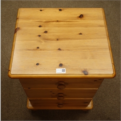  Polished pine double wardrobe (W76cm, H180cm, D53cm), small three drawer pedestal chest (W44cm, H58cm, D39cm), pair bedsides with single drawers (W37cm, H44cm, D31cm)  