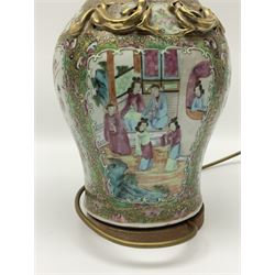 19th century Chinese Canton Famille Rose vase, decorated with figural panels against floral and foliate scroll ground, converted to a lamp, H46cm