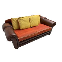 Gainsborough Lounge Suites - three piece leather and fabric lounge suite - pair two seat sofas (W225cm, H82cm, D105cm), and matching armchair (W88cm), on turned front feet with scatter cushions