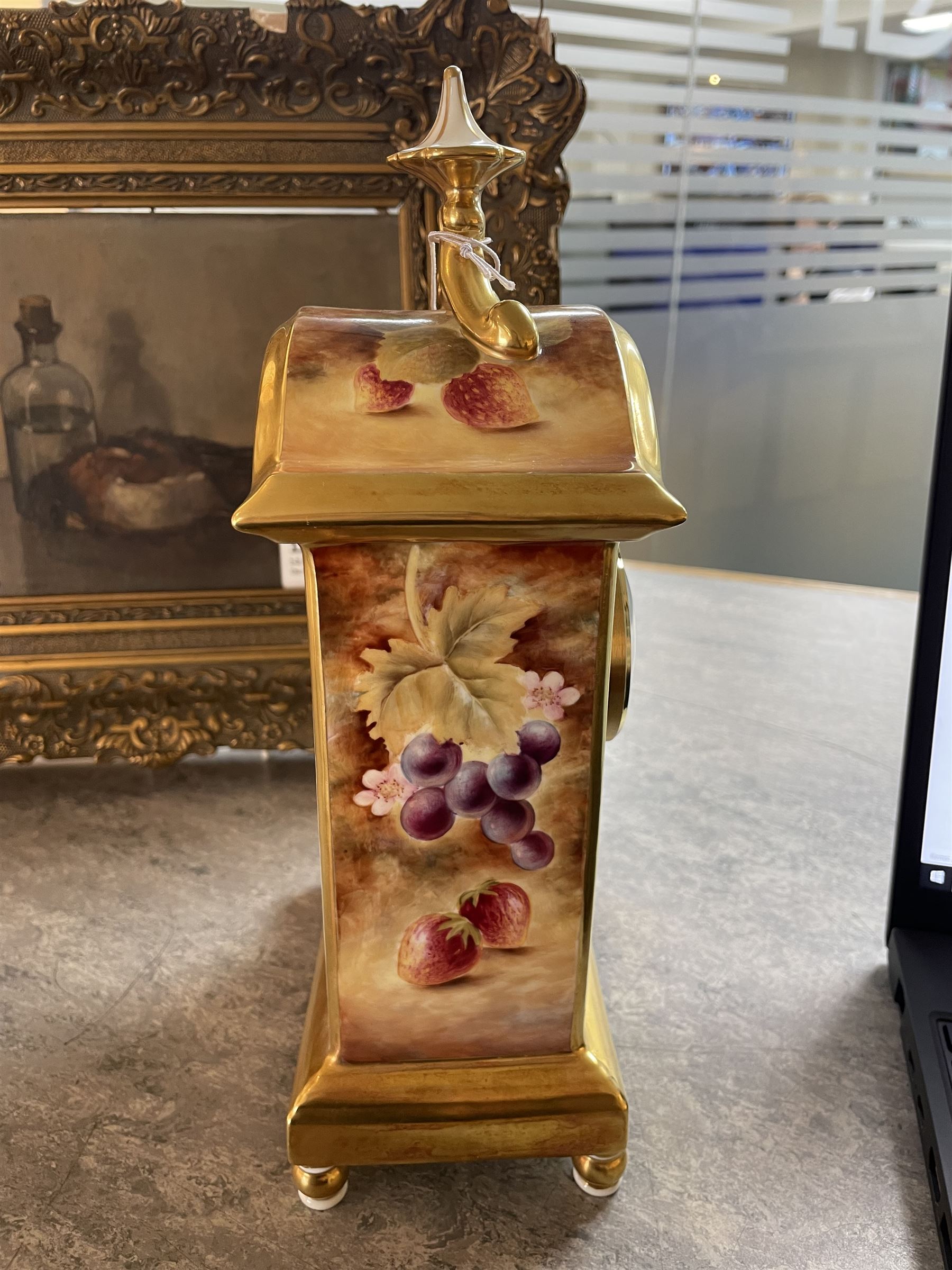 Late 20th century limited edition Royal Worcester mantle clock, hand painted by Jason Bowman with a still life of fruit upon mossy ground, signed J Bowman, with marks beneath including limited edition no 53/200, H27cm, with makers fitted card box 