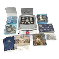 Coins including Queen Elizabeth II United Kingdom 2000 proof set, various commemorative crowns, pre decimal coinage etc