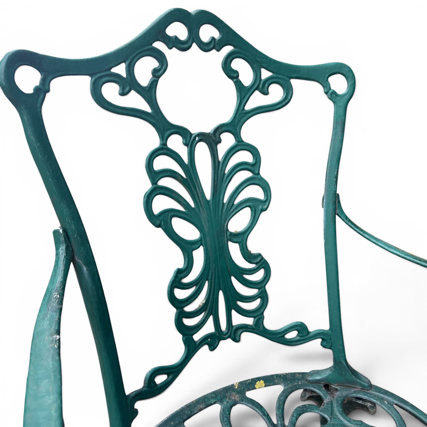 Victorian style cast aluminium garden table and four armchairs chairs in a weathered green finish
