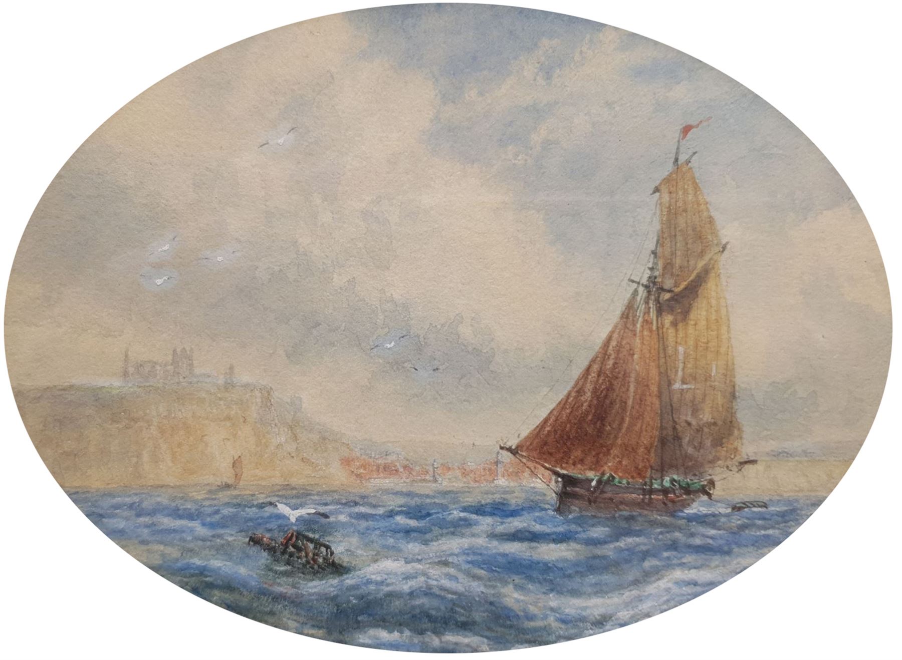 English School (19th century): Lowestoft Fishing Boat off Whitby, oval watercolour unsigned 10cm x 13cm