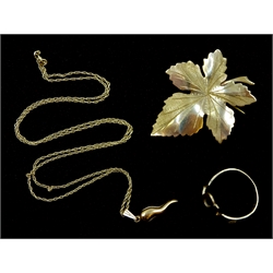 Gold leaf brooch, gold 'Love' ring, and pendant necklace, all 9ct hallmarked or stamped